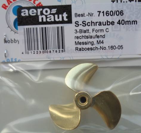Schiffsschraube, Messing, 3-Blatt,.40 mm, M 4 rechts