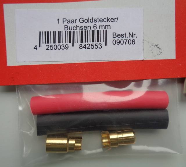 1 Paar Goldstecker/Buchsen 6 mm + Schrumpfschlauch