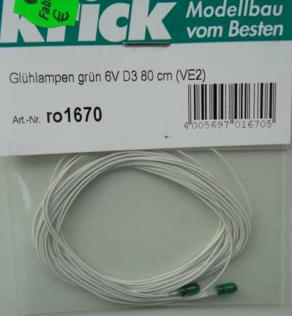 Glühlampen grün 6V, Ø 3 mm,  50 mA, Kabellänge 80 cm, 2 St.