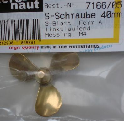 Schiffsschraube, messing,  Ø 40 mm, M 4 L, 3-Blatt