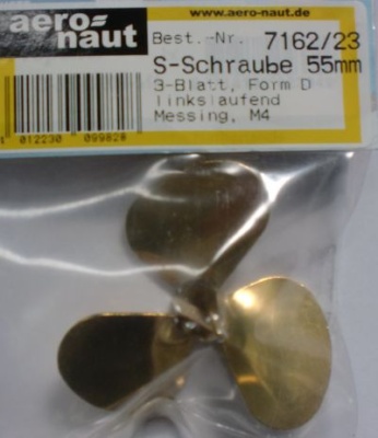 Schiffsschraube M 4, messing, Ø 55 mm, 3-Blatt, spitze Nabe