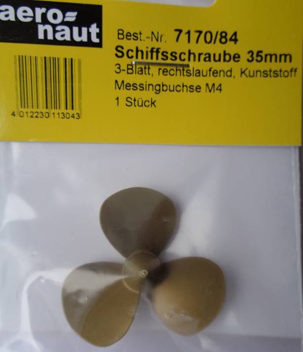 Scale-Schiffsschraube,messingfarbig, 3-Blatt, 45 mm,rechtsl.
