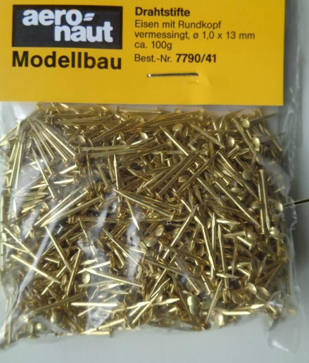 Drahtstifte, Eisen m. Rundkopf, vermessingt Ø 1 x 13 mm
