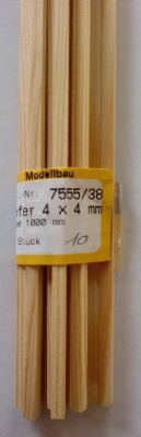 Kiefernleisten 4 x 4 mm, 1 m lang, 10 Stück