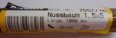 Nussbaum-Vierkantleisten 1,5 x 5 mm, Länge 1 m, 10 Stück