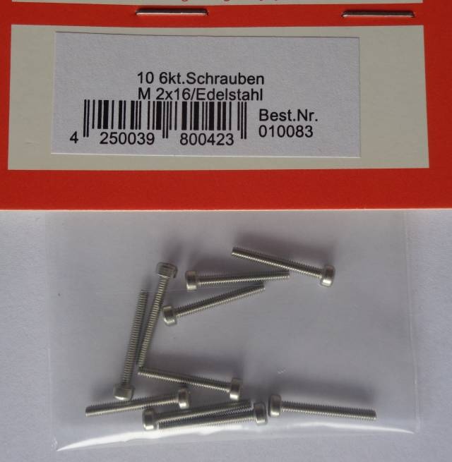 Inbus-6-Kant-Schrauben 10 Stück,  M 2  x 16 mm, Edelstahl