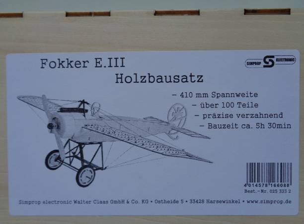Holzbausatz Fokker E.III  - NEU -  (Spannw. 41 cm)