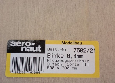 Birken-Flugzeug-Sperrholz 600 x 300 x 0.4 mm, 3-fach verl.