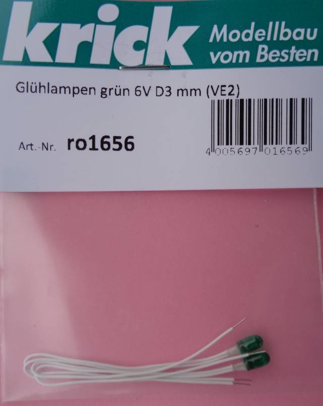 Glühlampen grün 6V D3 mm,  50 mA, Kabellänge 10 cm, 2 Stück