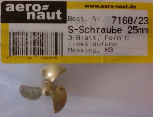 Schiffsschraube, Messing, 3-Blatt, 25 mm, M 3, linksl.