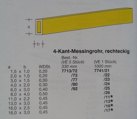 4-Kant-Messingrohr, rechteckig, 2,0 x 1,0 mm, WDST. 0,20 mm
