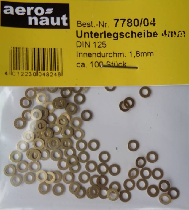 Unterlegscheiben, messing,  Ø 4 mm, Bohrung 1,8mm,Stärke0,3