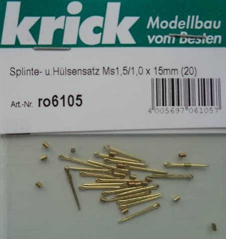 Splinte- u. Hülsensatz, messing 1,5/1,0 x 15 mm,  20 Stück