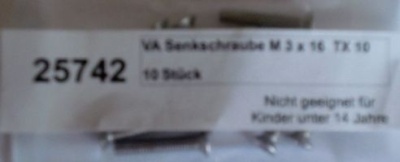 Senkschrauben M3*16 WS 9475 TX A2,  10 Stück