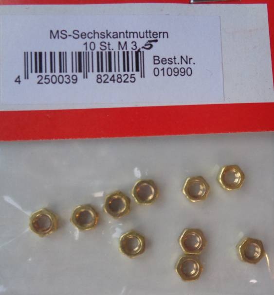 Messing-Sechskantmuttern .M 3,5 mm, 10 Stück