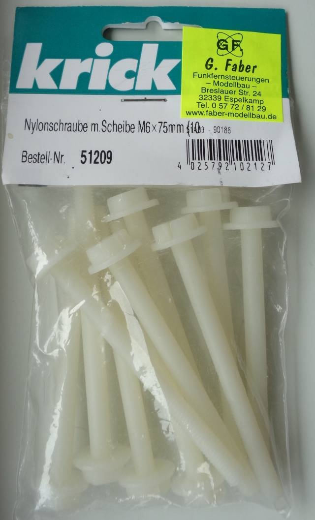 Nylonschraube m.Scheibe M 6 × 75 mm, 10 Stück