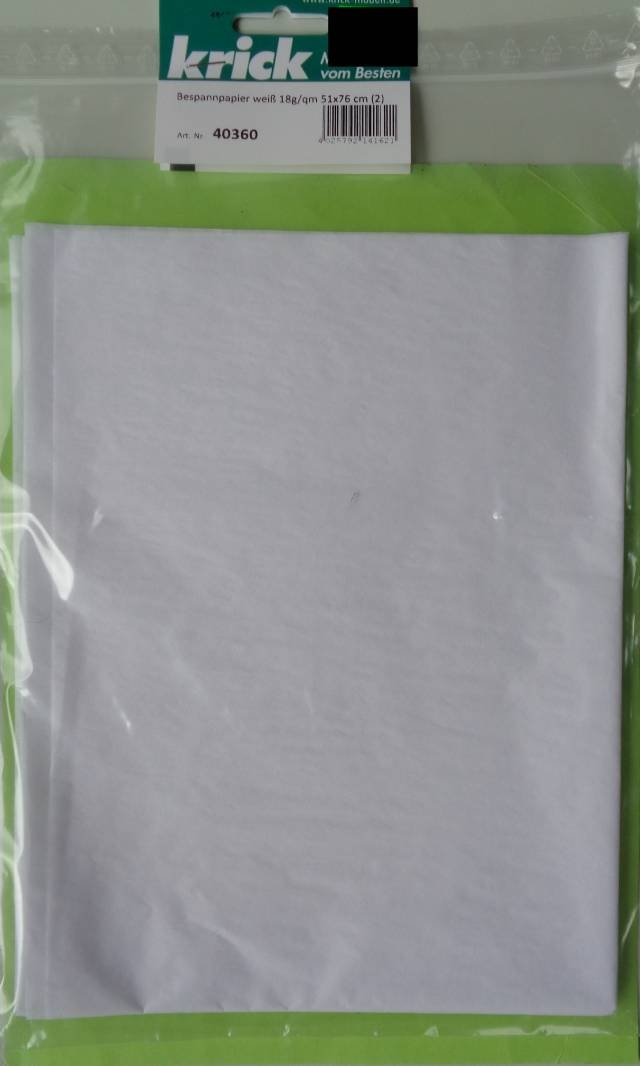 Bespannpapier weiß, Gewicht 18g/qm,   51x76 cm, 2 Bögen
