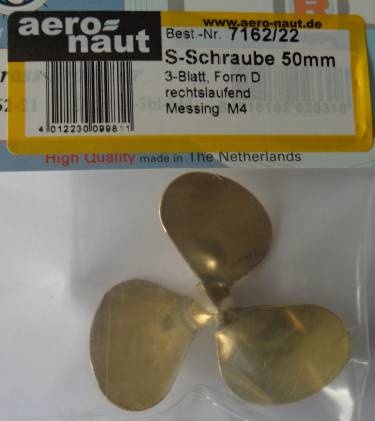 Schiffsschraube M 4, messing, Ø 50 mm, 3-Blatt, spitze Nabe