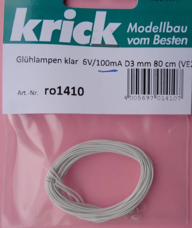 Glühlampen klar 6V/100 mA Ø 3 mm, Kabell.  80 cm (VE2)