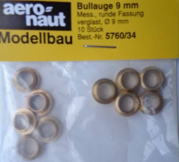 Bullaugen, messing, Ø 9 mm, Glas-Ø 7 mm, 10 Stück