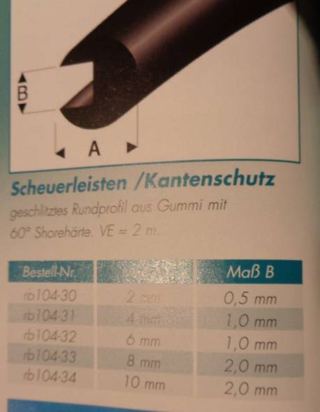 Scheuerleiste/Kantenschutz Ø 2 x 0,5 mm L=2 m Gummiprofil geschlitztes  Rundprofil aus Gummi