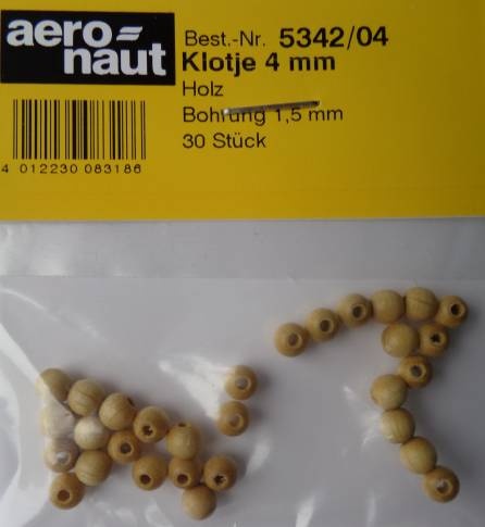 Klotjes Holz Ø 4 mm, Bohrung 1,5 mm, 30 Stück