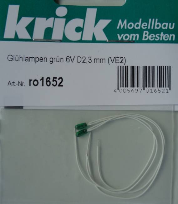 Glühlampen grün 6V D2,3 mm,  50 mA, Kabellänge 10 cm,  (V 2)