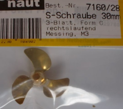 Schiffsschraube, Messing, 3-Blatt, 30 mm, M 3, rechtsl.