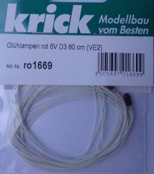 Glühlampen rot 6V, Ø 3 mm,  50 mA, Kabellänge 80 cm, 2 Stück