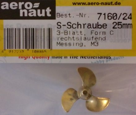 Schiffsschraube, Messing, 3-Blatt, 25 mm, M 3, rechtsl.