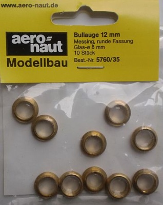 Bullaugen, messing, Ø 12 mm, Glas-Ø 8 mm, 10 Stück