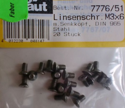 Linsenkopf-Senkschrauben M 3 x 6 mm, 20 Stück