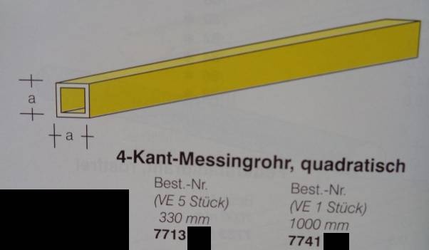 4-Kant-Messingrohr, quadratisch, 2,0 x 2,0 mm, WDST. 0,30 mm