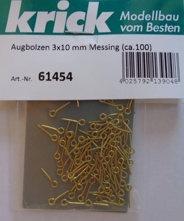 Augbolzen Ø 3 mm, Länge 10 mm, Farbe Messing (ca.100 Stück)