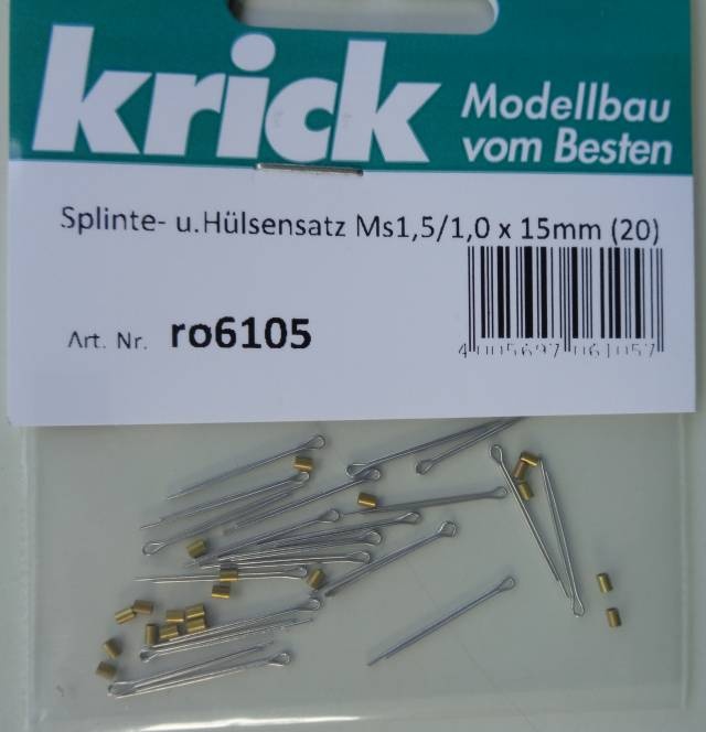 Splinte- u. Hülsensatz, messing 1,5/1,0 x 15 mm,  20 Stück