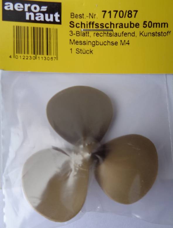 Scale-Schiffsschraube,messingfarbig, 3-Blatt, 50 mm,rechtsl.