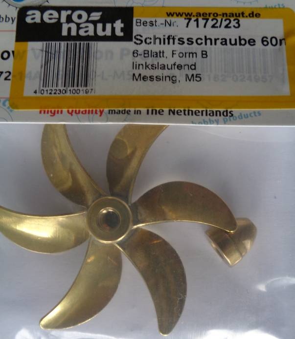 Schiffsschraube, messing,  M 5, 60 mm L, 6-Blatt