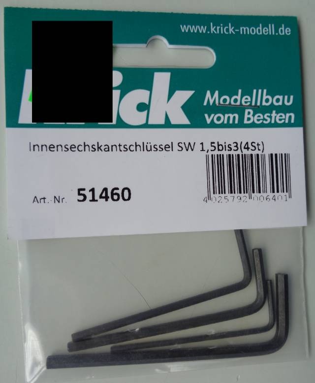 Innensechskantschlüssel  SW 1,5 bis 3 mm,      4 Stück