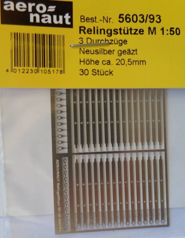 Relingstützen 3-züg.,M.1:50, Ø 0,5/0,5/0,8  mm, Höhe 20,5 mm